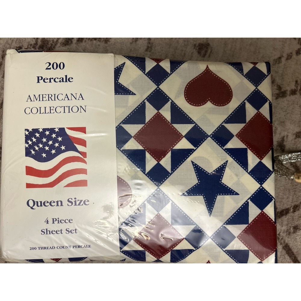 Vintage Americana Collection Queen 4pc Sheet Set Stars Hearts Patriotic Country